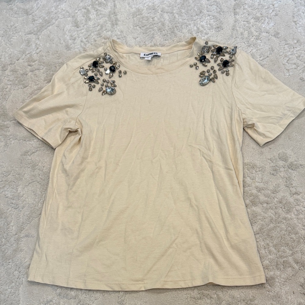 Express Cream Short-Sleeve Top with Jewel Shoulder Detail
